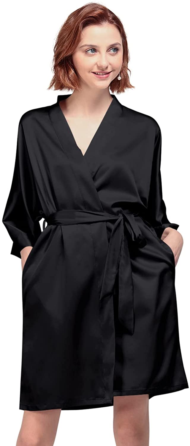 Price:$14.99 BRIDAL Women's Silk Robe Satin Kimono Robe for Bride Bridesmaids Short Bridal Party Robes Wedding Loungewear XS-XXL at Amazon Women’s Clothing store