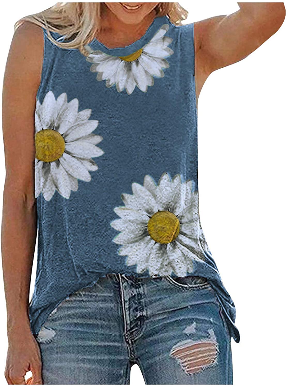 Price:$6.00 Women Tank Tops, Womens Sunflower Cute Printed Vest Tshirt Sleeveless Workout Blouse Casual Summer Tank Top Tunic Tee at Amazon Women’s Clothing store