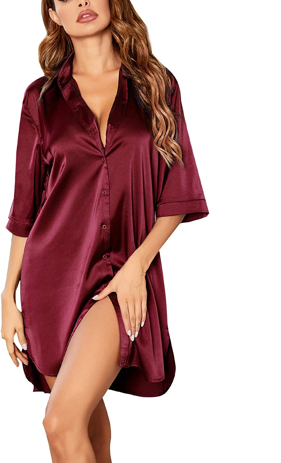 Price:$28.89 Women's Nightgown Button Down Sleepshirt Satin 3/4 Sleeve Nightshirt Boyfriend Notch Collar Sleepwear at Amazon Women’s Clothing store