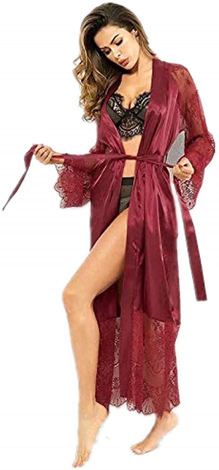 Price:$19.99 Long Sleeve Sexy Lace/Belt/Satin Robe/Kimono Cardigan Nightgown/g-String (Redwine, XX- Large) at Amazon Women’s Clothing store