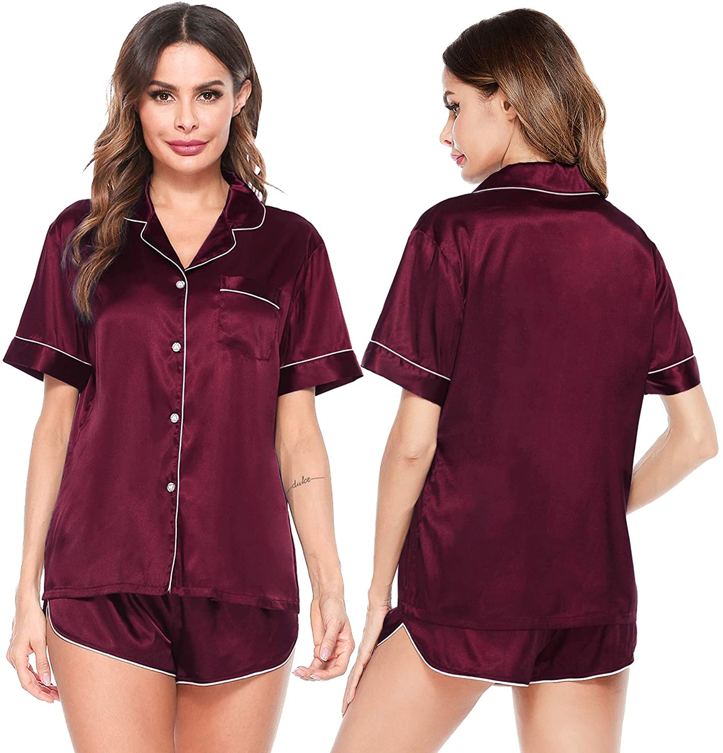 Price:$16.99 Pajama Set for Women Satin Pajamas Short Sleeve Sleepwear Button Down Pj Set at Amazon Women’s Clothing store