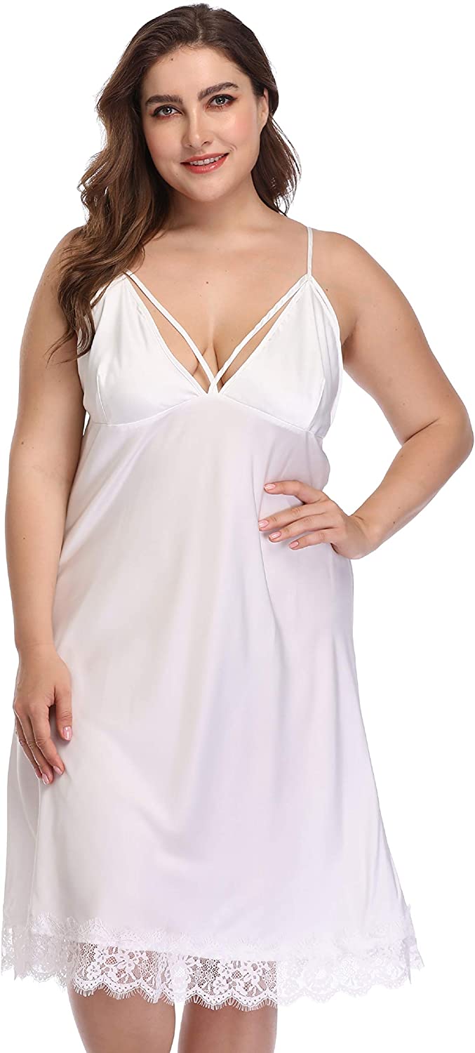 Price:$11.99 Plus Size Sexy Lingerie Satin Lace Chemise Spaghetti Straps Nightgown Full Slips V Neck Sleepwear Nightgown at Amazon Women’s Clothing store