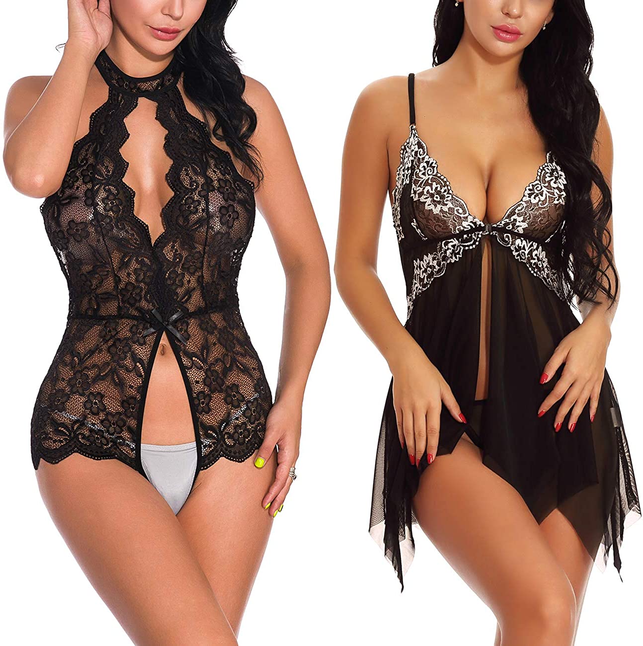 Price:$17.99 Women Sexy Lingerie 2Pcs Lace Babydoll V Neck Mesh Sleepwear Strap Chemise One Piece Teddy Bodysuit Sleepwea at Amazon Women’s Clothing store