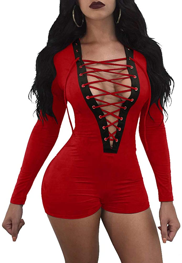 Price:$15.99 Women's Sexy V Neck Lace Up Long Sleeve Club Romper Short Jumpsuit : Clothing, Shoes & Jewelry
