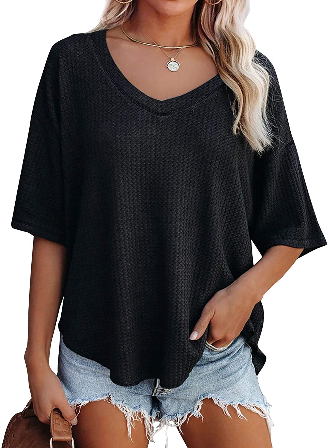 Price:$19.99 Women's V Neck Batwing Half Sleeve Shirts Waffle Knit Loose Blouse Solid Color Tops at Amazon Women’s Clothing store