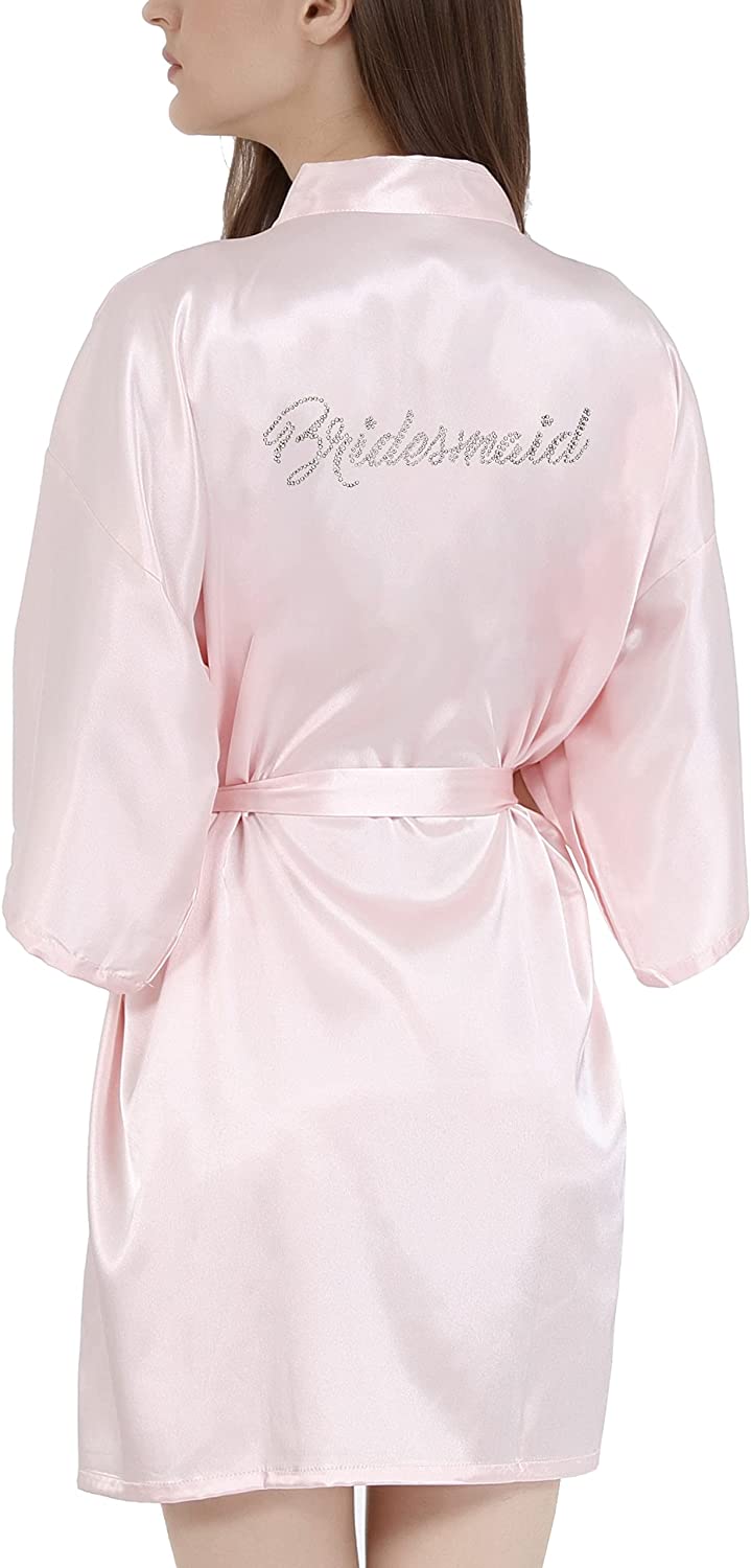 Price:$12.99 Robes for Women Bridesmaid Bride Bridal Party Wedding Short Sexy Rhinestones Kimono Soft Lounge Robe Sleepwear (Pink, Bridesmaid) at Amazon Women’s Clothing store
