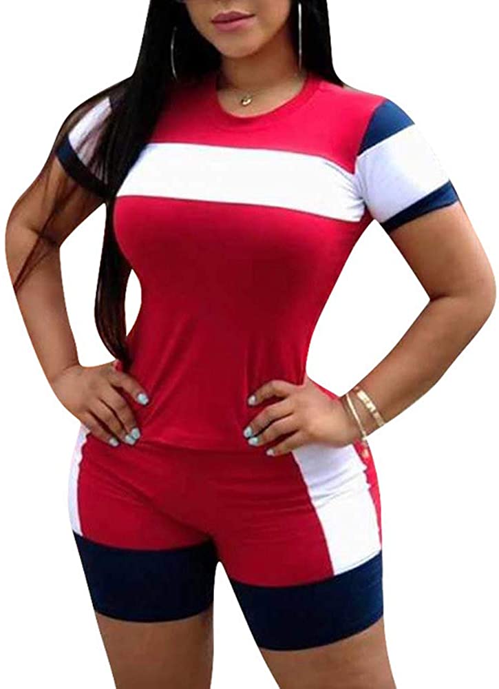 Price:$9.99 2 Piece Summer Outfit Bodycon Shorts Sport Sets Sexy Workout Sets Letter Print T-Shirt Jogging Suits at Amazon Women’s Clothing store
