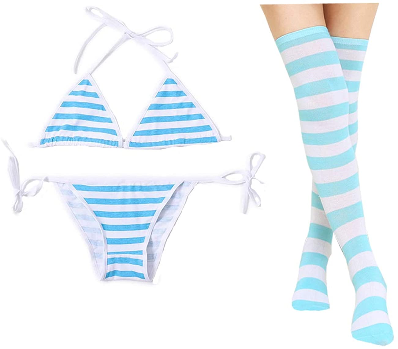Price:$14.79 3 PCS Sexy Lingerie Set for Women with Striped Thigh High Socks Japanese Anime Bikini Blue: Clothing, Shoes & Jewelry