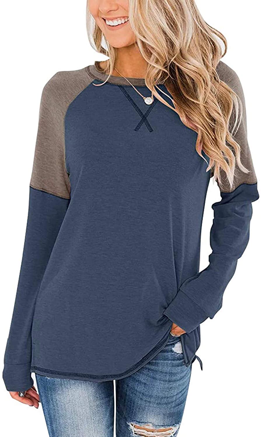 Price:$16.99 Women's Casual Color Block Tops Crew Neck Sweater Long Sleeve Tunic Loose Blouses at Amazon Women’s Clothing store