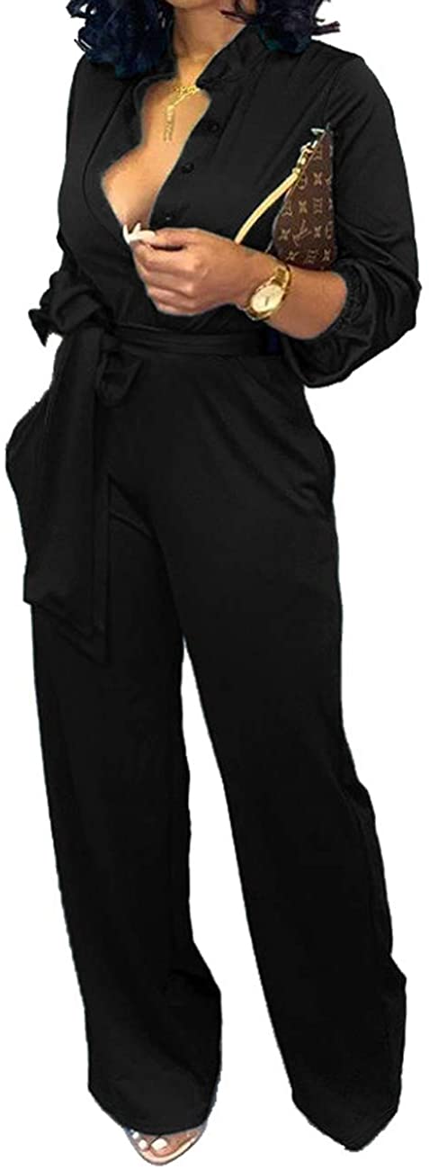 Price:$32.99 Jumpsuits for Women Elegant Long Sleeve Sexy V Neck Casual Long Wide Leg Pants with Pockets Belt : Clothing, Shoes & Jewelry