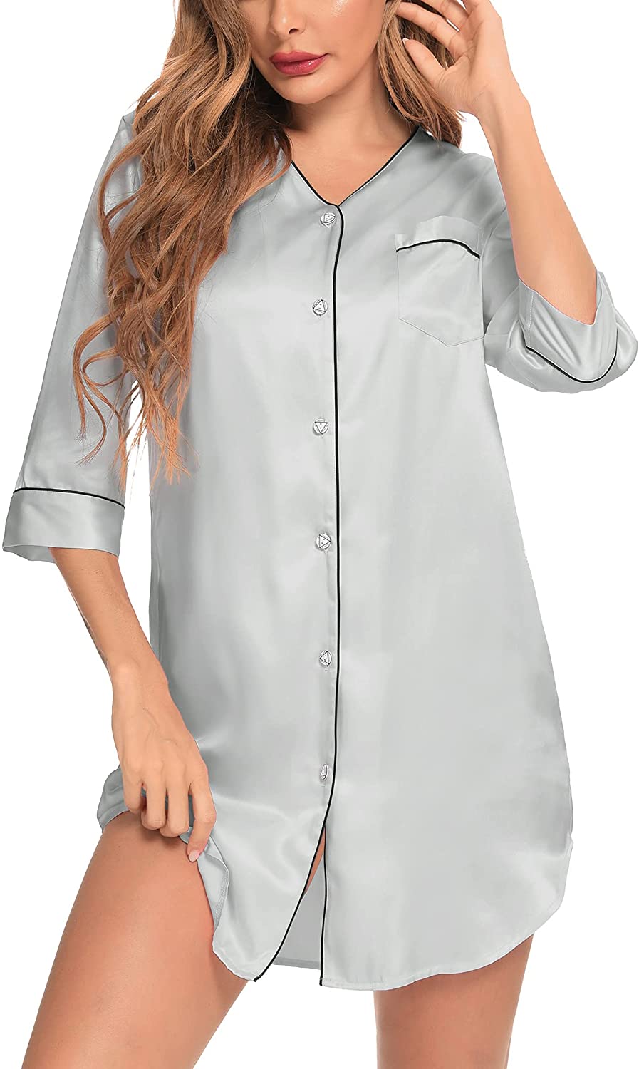 Price:$13.99 Women Silk Satin Nightgowns 3/4 Sleeve Sleepwear Button Down Sleep Dress V Neck Boyfriend Nightshirt at Amazon Women’s Clothing store