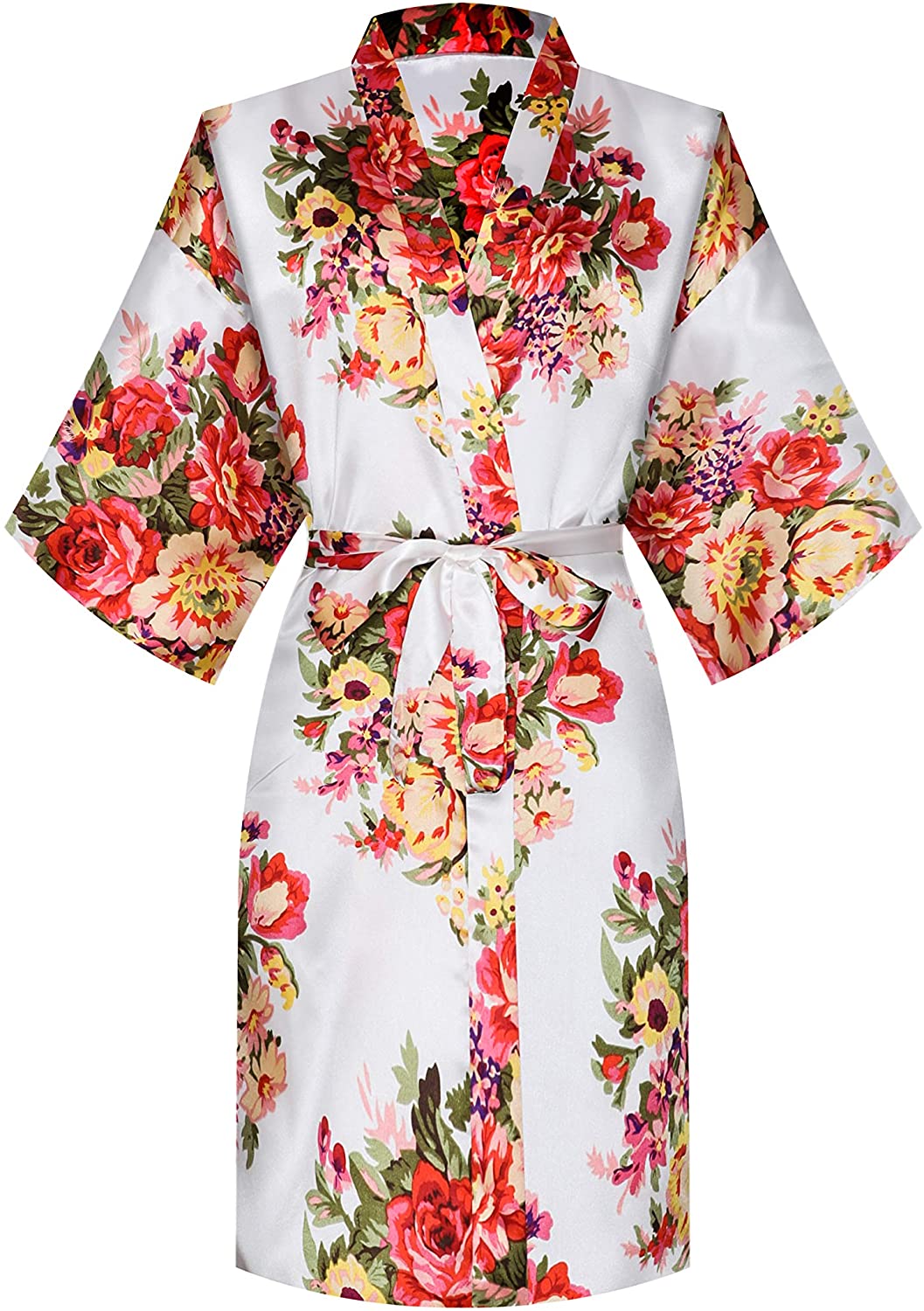 Price:$6.99 Women Bride Bridesmaid One Size Silky Satin Floral Kimono Robe Sleepwear for Wedding Party Getting Ready, Short at Amazon Women’s Clothing store