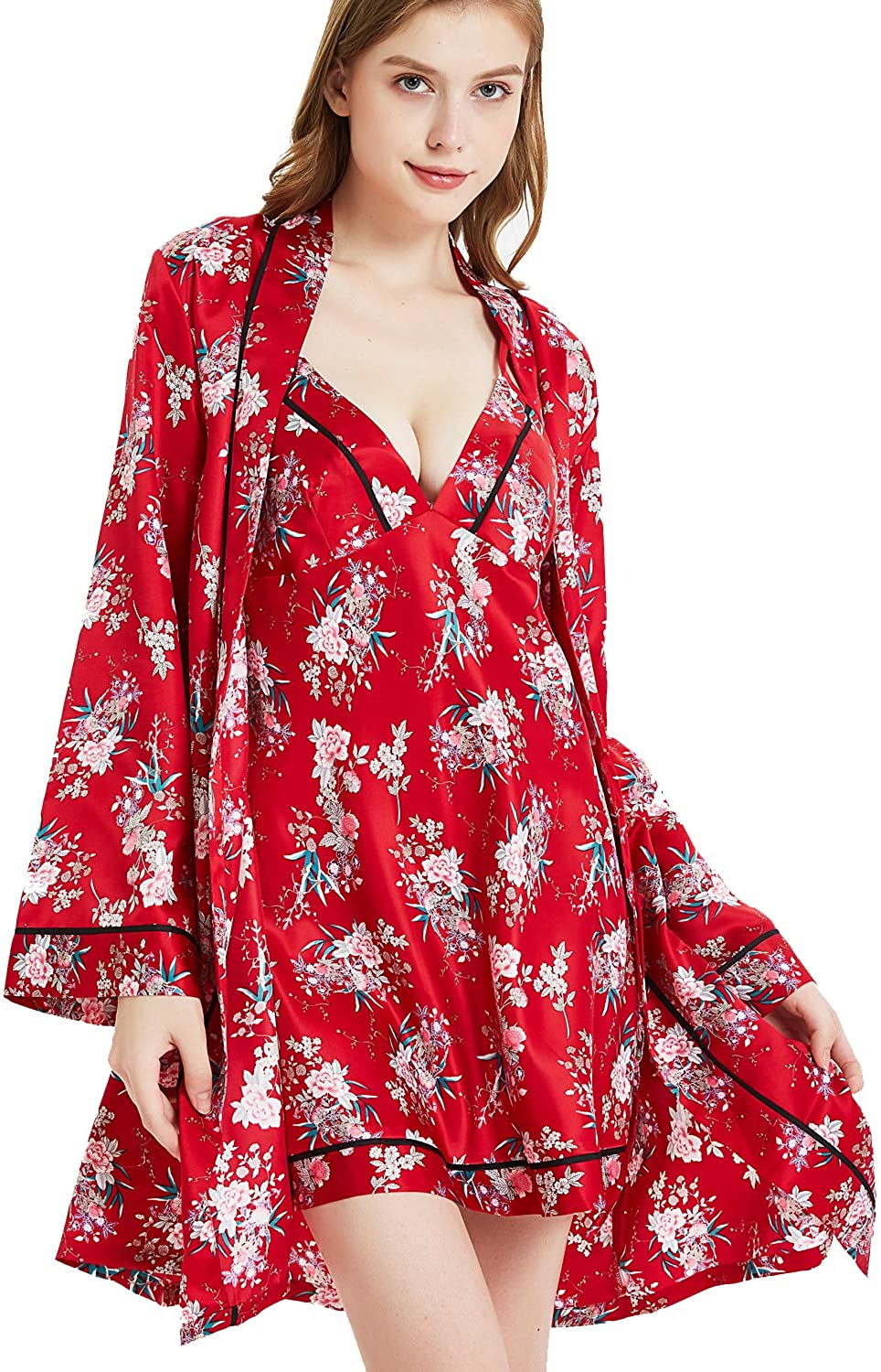 Price:$15.99 Silky Satin Kimono with Long Sleeves Bathrobe Soft Sleepwear V-Neck Lingerie Wedding Party Robes at Amazon Women’s Clothing store
