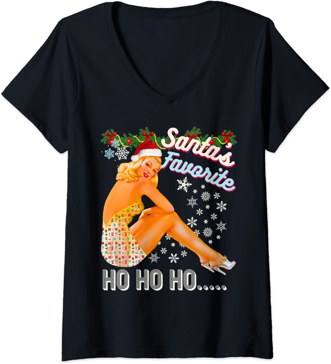 Price:$19.99 Santa's-Favorite-Ho Ho Ho Nice Naughty Dirty Joke Meme Retro V-Neck T-Shirt : Clothing, Shoes & Jewelry