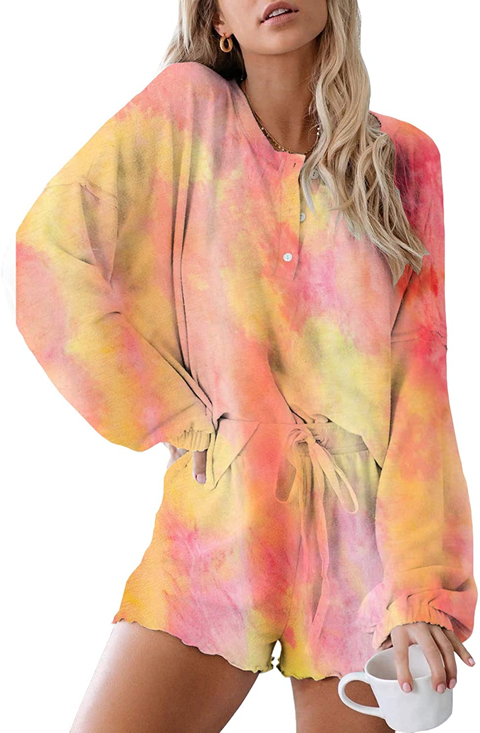 Price:$23.99 Womens Tie Dye Pj Sets Long Sleeve Button Shirt Drawstring High Waist Short Casual Loose Loungewear Sleepwear at Amazon Women’s Clothing store