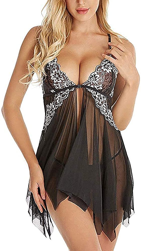 Price:$9.99 Lingerie for Women Sexy Lace Bodysuit Nightdress Front Split Deep V Neck Mesh Nightwear Chemises Plus Size Sleepwear at Amazon Women’s Clothing store