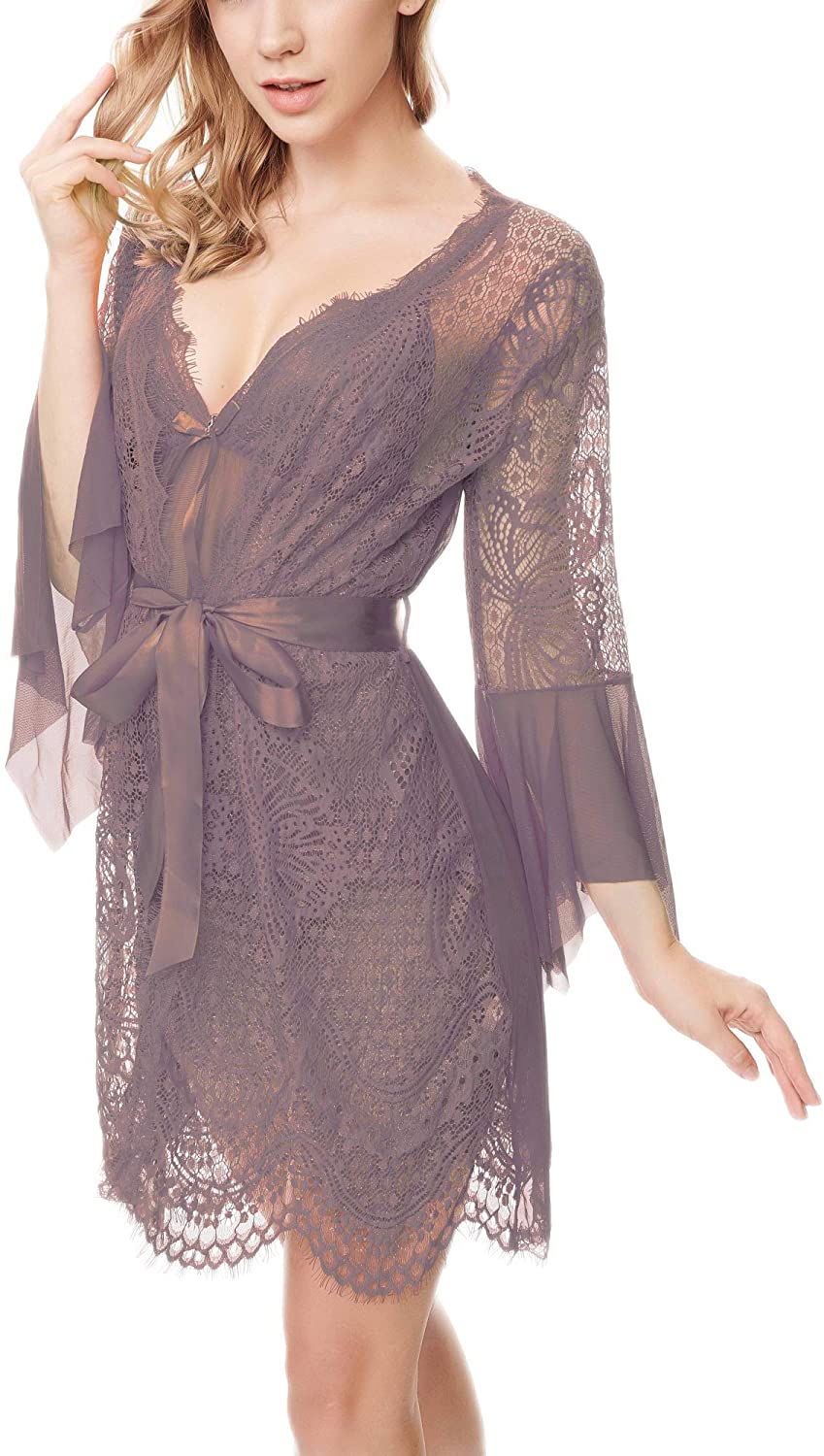 Price:$16.99 Women Lace Kimono Robe Babydoll with Mesh Chemise Nightgown (Cameo, One Size) at Amazon Women’s Clothing store