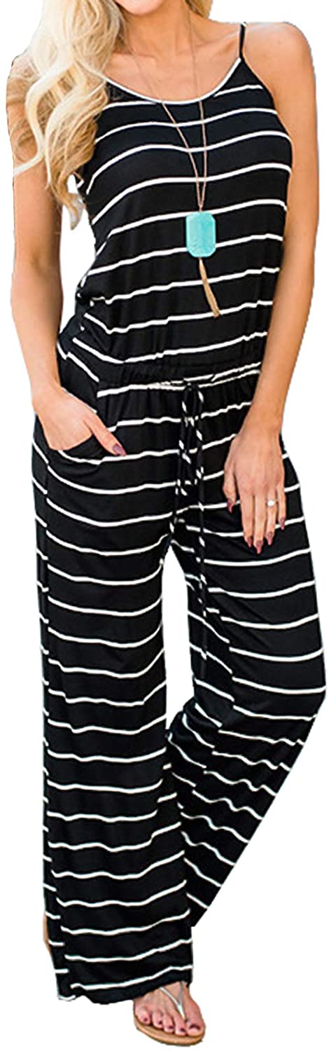 Price:$13.49 Women Casual Sleeveless Spaghetti Strap Striped Lounge Pajama Jumpsuit : Clothing, Shoes & Jewelry