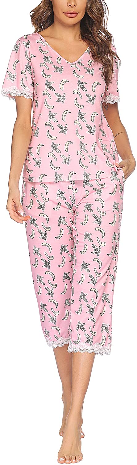 Price:$26.99 Women's Capri Pajama Set Printed V Neck Sleepwear Pjs Sets Pink S at Amazon Women’s Clothing store