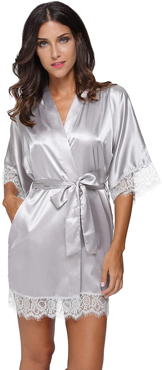 Price:$11.99 Kimono Robe Women Sleepwear Short Bridesmaid Bath Robes Wedding Party at Amazon Women’s Clothing store