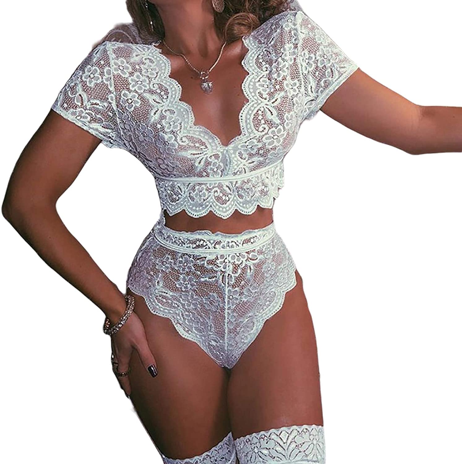 Price:$7.99 Lace Pajamas Set High Waist Bra and Panty Set Babydolls Sexy Lingerie Lady See Through Nightgown: Clothing, Shoes & Jewelry