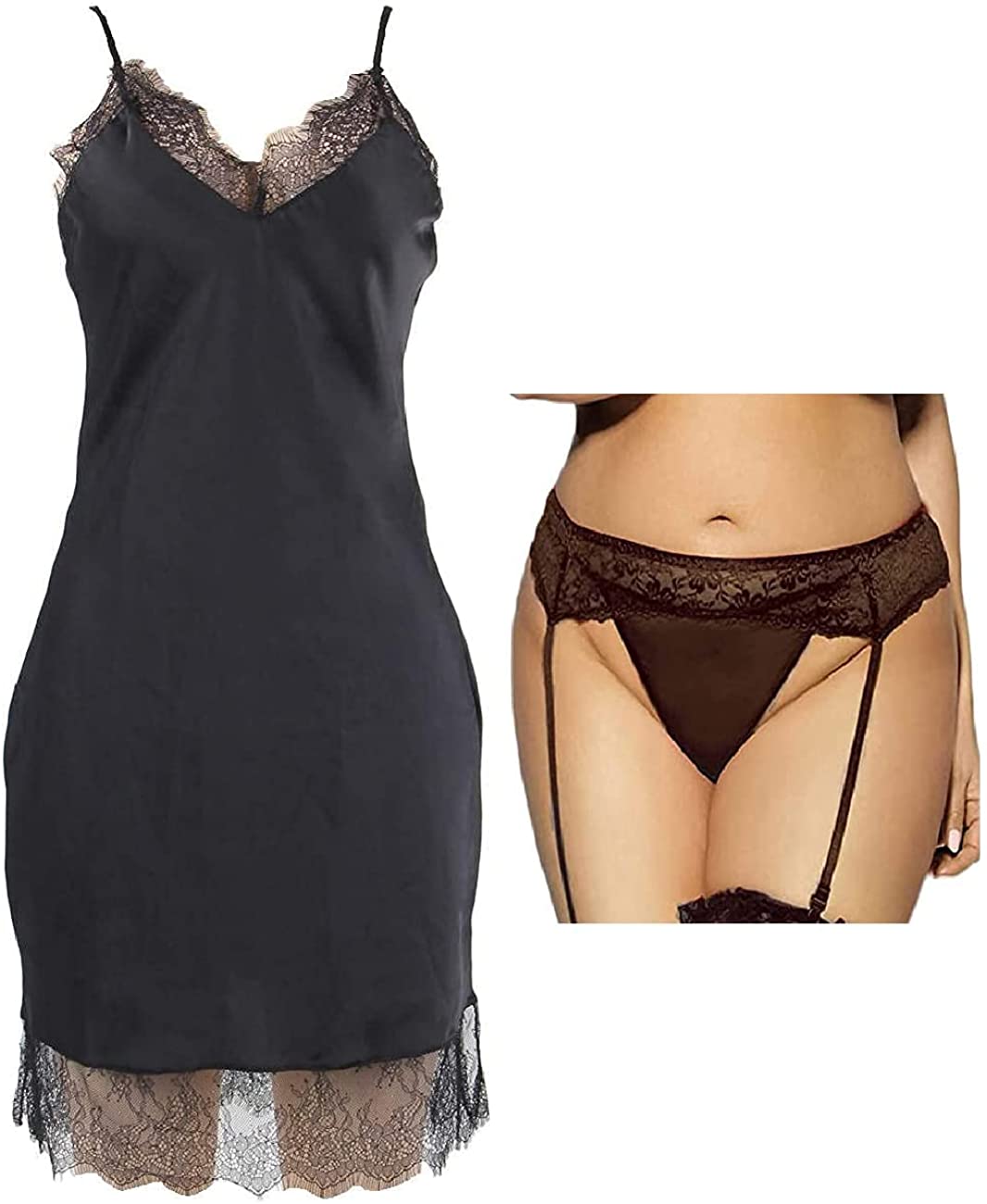 Price:$22.99 Hour Women's Sexy Fashion Silk Satin Lace Women Pajama Lingerie, Plus Size Lace Garter Panty, Black, XXX-Large, Bundle of 2: Clothing, Shoes & Jewelry