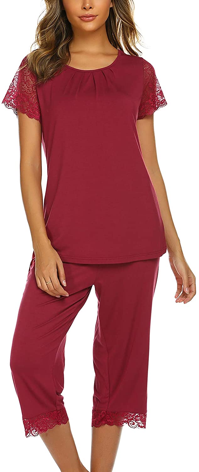 Price:$23.88 Women's Capri Pajama Set Lace Short Sleeve Sleepwear Pjs Sets at Amazon Women’s Clothing store