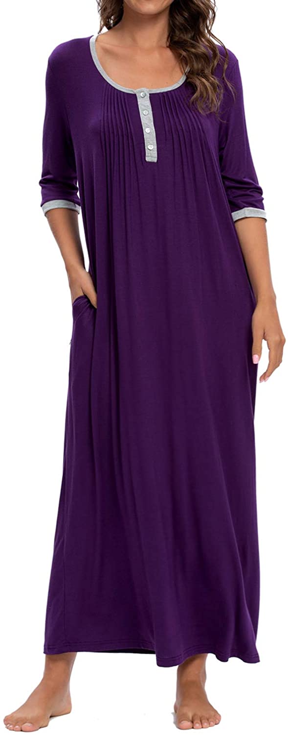 Price:$19.99 Womens Long Nightgowns Sleepshirts 3/4 Sleeve Sleepwear Nightshirt Pajama Pleated Sleep Shirt Dress with Pockets at Amazon Women’s Clothing store
