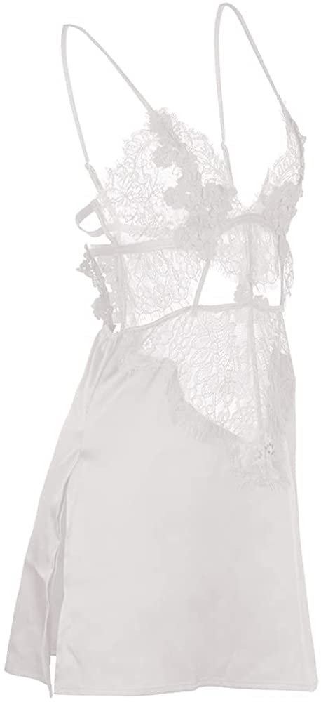 Price:$16.88 Lingerie for Women Lace Sheer Babydoll Sexy Satin Slips Chemise Side Slit Mesh Nightdress V Neck Sleepwear at Amazon Women’s Clothing store