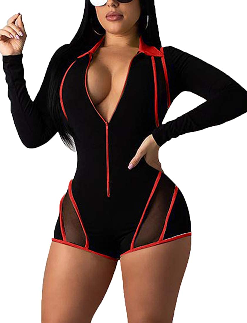 Price:$19.99 Women's Sexy One Piece Bodycon Romper Club Outfits Front Zipper Shorts Jumpsuit : Clothing, Shoes & Jewelry