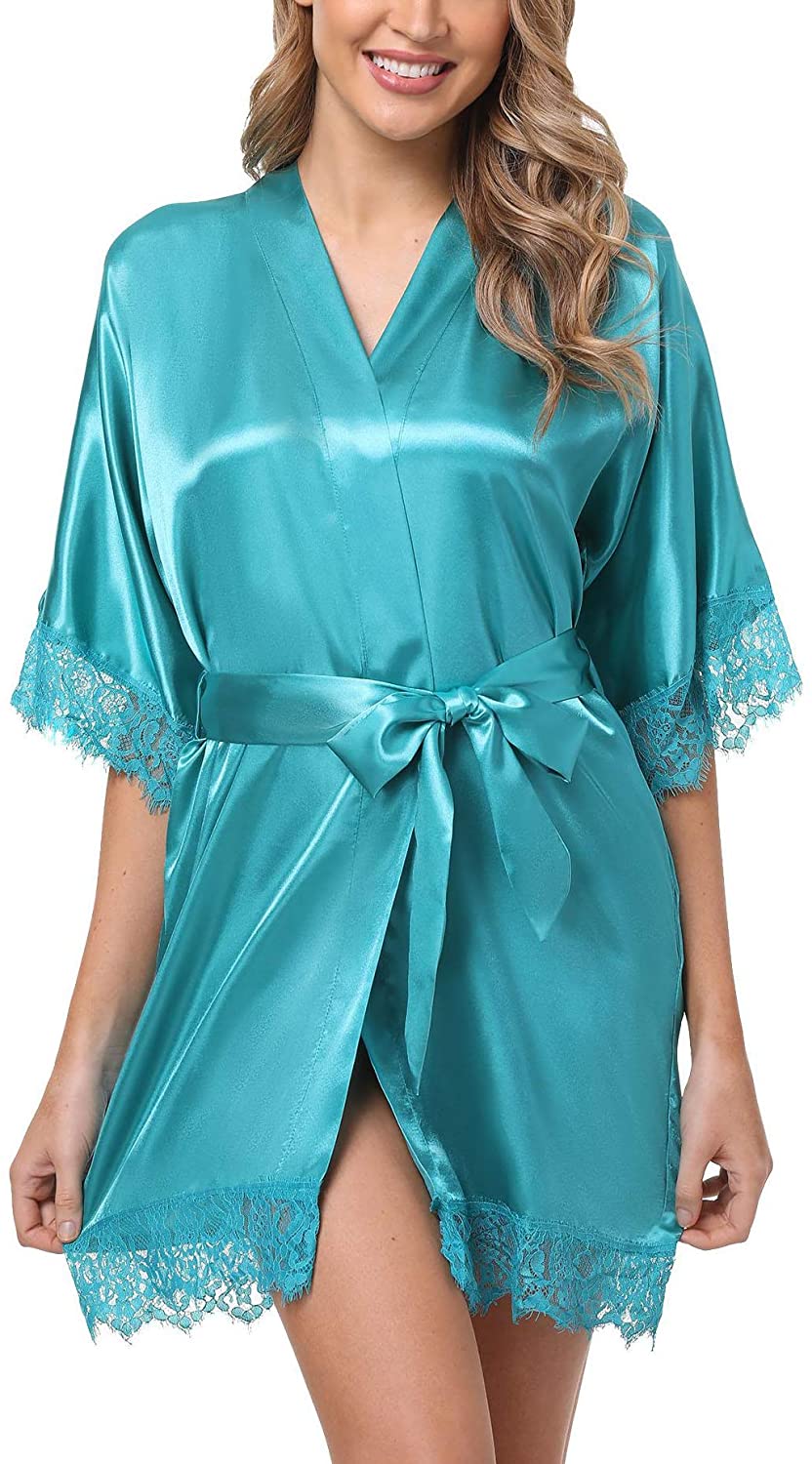 Price:$9.99 Women Satin Short Robes for Bridesmaid Bride Sexy Nightgown Lace Trim Lightweight Bathrobe at Amazon Women’s Clothing store