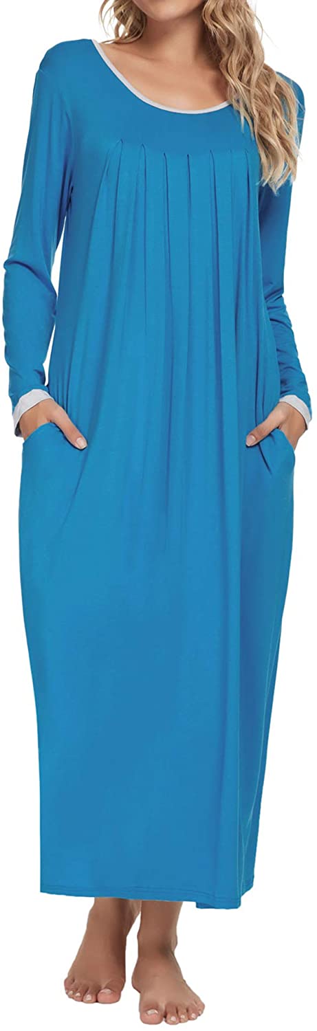 Price:$15.89 VITA Women's Long Sleeve Nightgown Full Length Sleepwear Comfy Bamboo Pajamas Pleated Round Neck Maternity Sleepdress at Amazon Women’s Clothing store