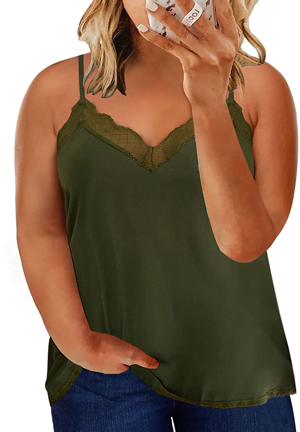 Price:$16.89 Women Plus Size Lace Crochet V Neck Sleeveless Spaghetti Strap Cami Tank Tops(1X-4X) at Amazon Women’s Clothing store