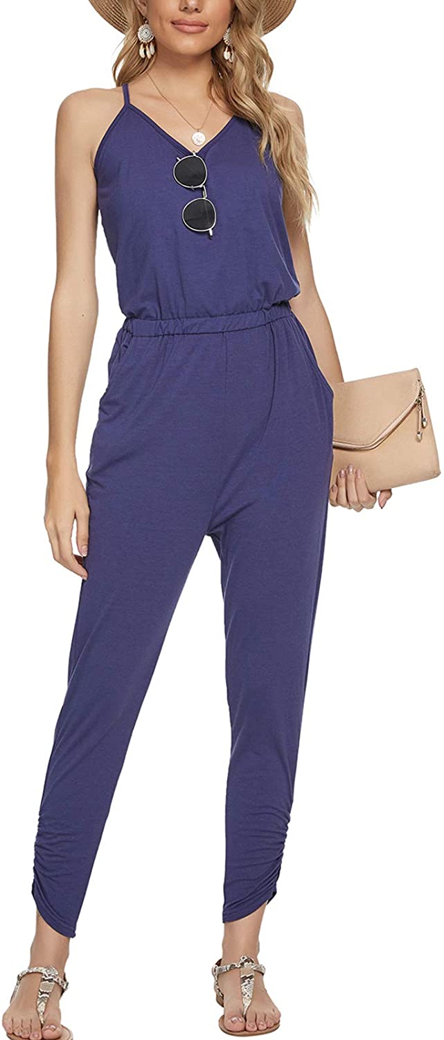 Price:$16.99 Jumpsuits for Women Sexy V Neck Elastic Waist Casual Sleeveless Long Romper Jumpsuit with Pockets at Amazon Women’s Clothing store