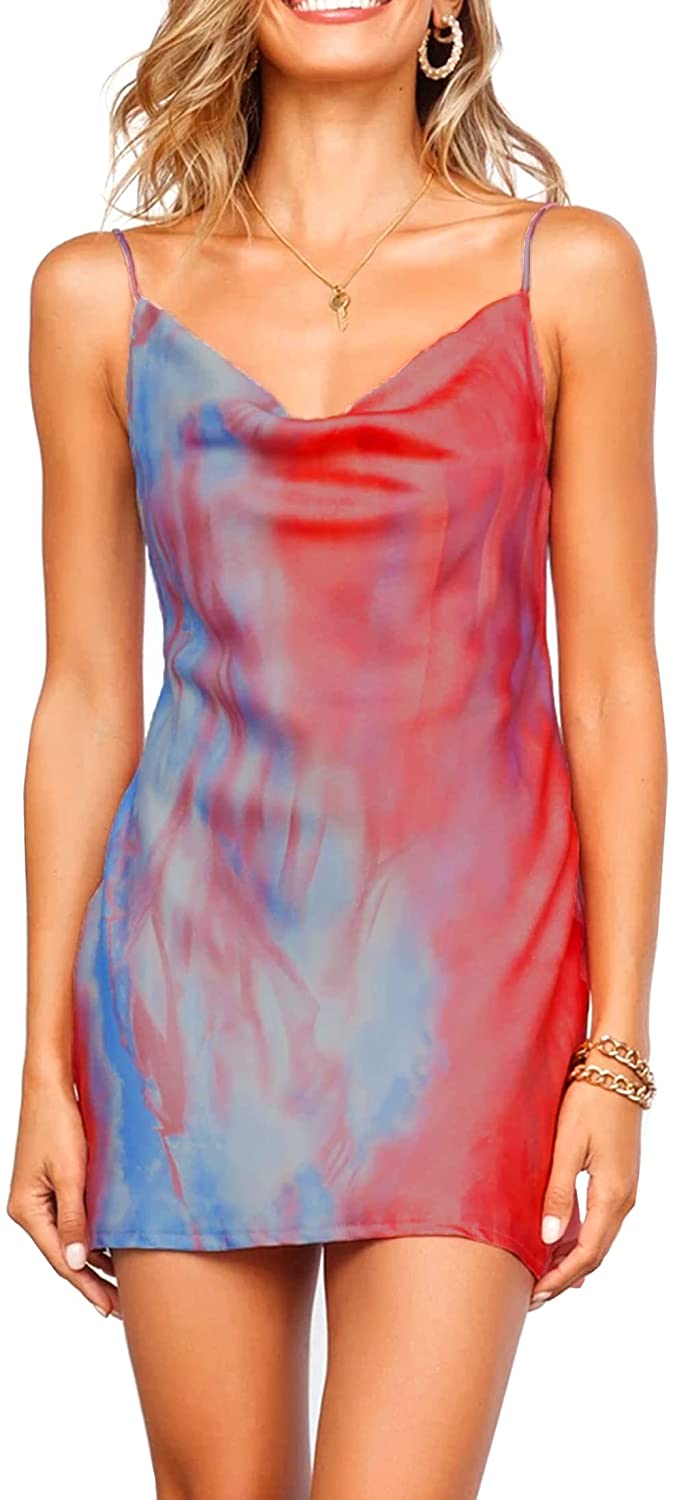 Price:$18.89 Women's Tie Dye Spaghtti Strips Mini Dress-Cowl Neck Irregular Pattern Printed Slim Cami Dress for ClubNight at Amazon Women’s Clothing store