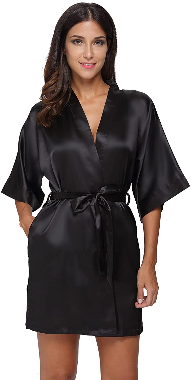 Price:$11.99 Bund Women's Short Robes Lace Bride Bridesmaids Sexy Bathrobe Satin Spa Robe Pure Color at Amazon Women’s Clothing store