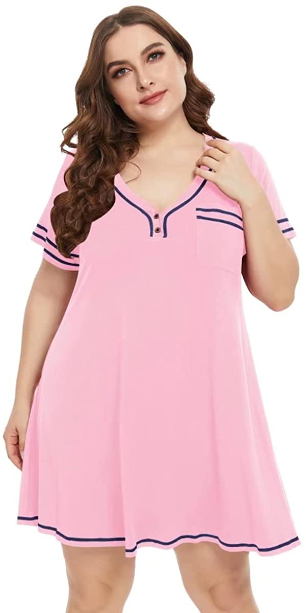 Price:$16.99 T-Shirt Dress V-neck Pajamas With Pocket Plus Size Women Nightgowns Sleep Wear Button Tops at Amazon Women’s Clothing store