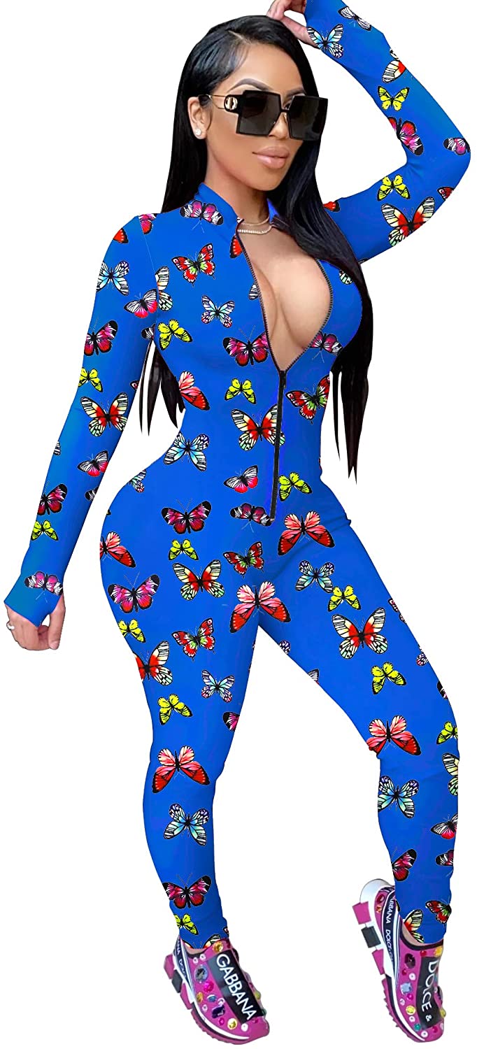 Price:$9.99 Women’s Sexy Bodycon Jumpsuit Front Zipper Romper Deep V Neck Party Clubwear Outfits (Blue, S) : Clothing, Shoes & Jewelry