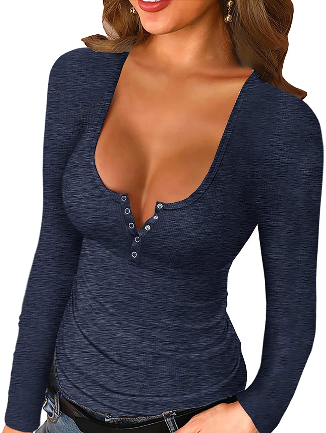 Price:$10.98 Scoop Neck Henley Sweatshirts Low Cut Solid Sexy Fall Long Sleeve Button Down Shirts at Amazon Women’s Clothing store