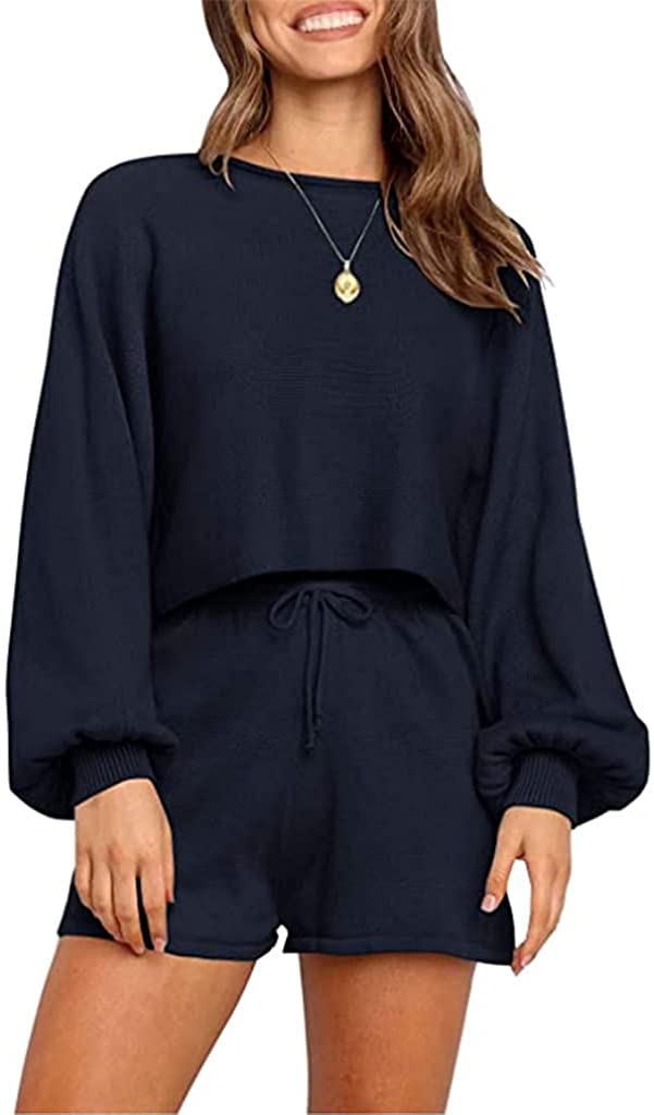 Price:$18.99 Women's Casual Long Sleeve Top Solid Color Knit Pullover Sweatsuit 2 Piece Short Sweater Lounge Outfits Sets at Amazon Women’s Clothing store