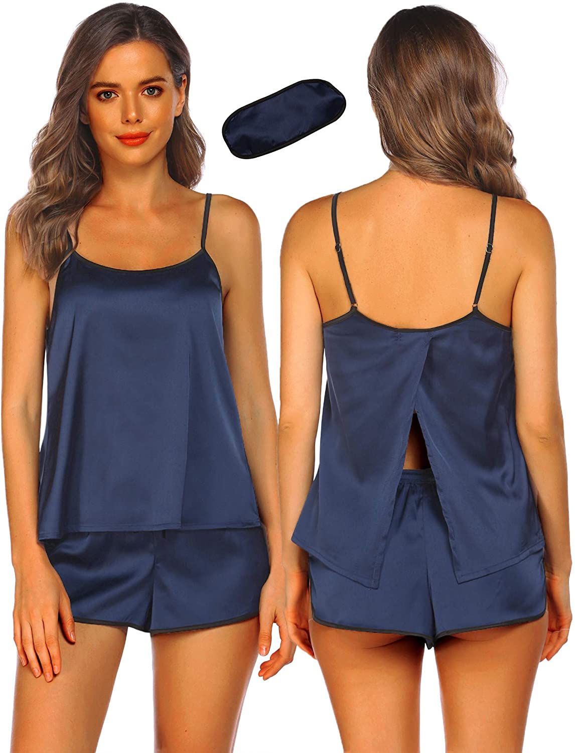 Price:$18.99 Pajamas Womens Sexy Lingerie Satin Sleepwear Cami Shorts Set Nightwear S-XXL Navy Blue at Amazon Women’s Clothing store