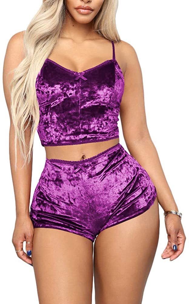 Price:$15.99 Sexy Velvet 2 Pieces Romper Outfit - Sleeveless Crop Top Camisole + Shorts Bottom Sleepwear Pajama Set Clubwear at Amazon Women’s Clothing store