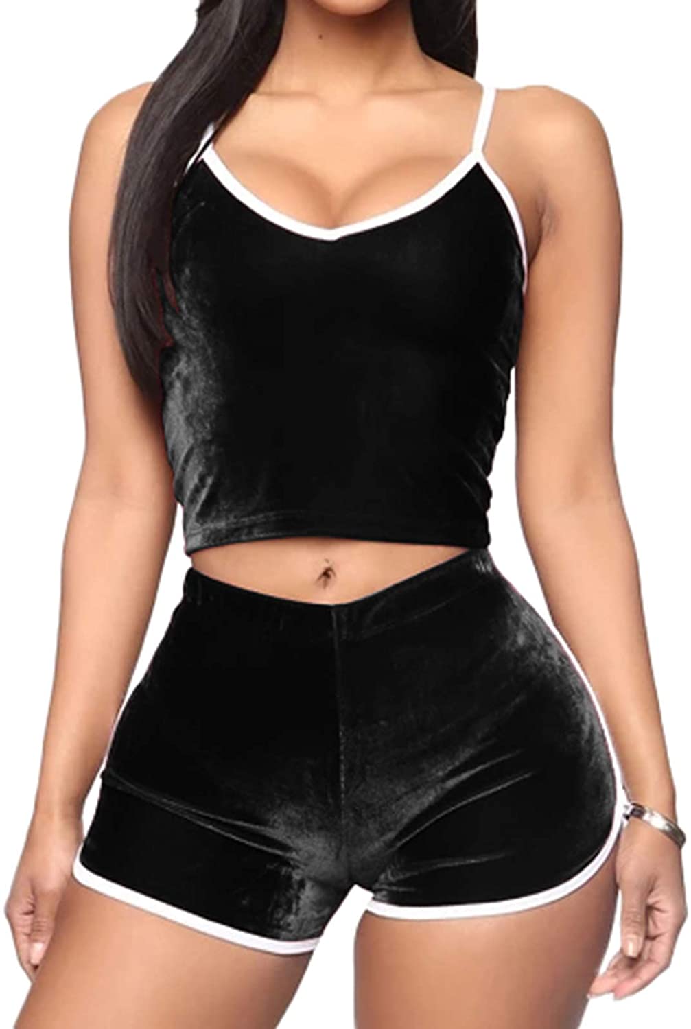 Price:$21.69 Womens Sexy Velvet 2 Pieces Workout Outfit Spaghetti Strap Crop Top Camisole Shorts Bottom Active Set Tracksuit at Amazon Women’s Clothing store