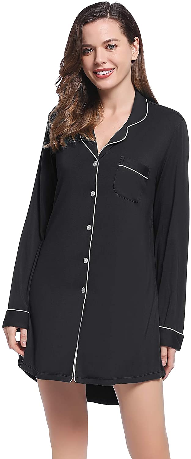 Price:$30.99 Womens Long Sleeve Nightgown Button Down Nightshirt Bamboo Sleep Shirt Soft Pajama Top at Amazon Women’s Clothing store