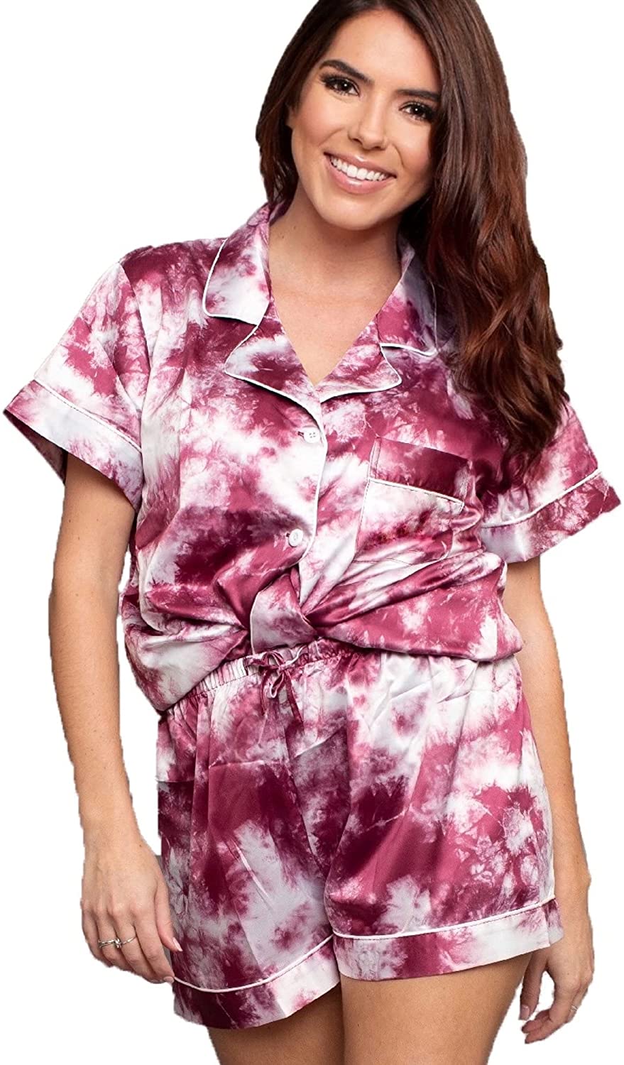 Price:$24.99 Design Women’s Tie Dye Short Sleeve Satin Silk Pajama Set Button Down 2 pieces Loungewear Sleepwear at Amazon Women’s Clothing store