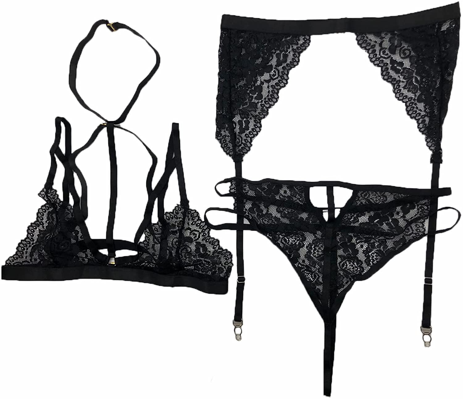 Price:$12.99 3PC Sexy Lace Lingerie Set for Women with Garter Belts Teddy Babydoll Bodysuit at Amazon Women’s Clothing store