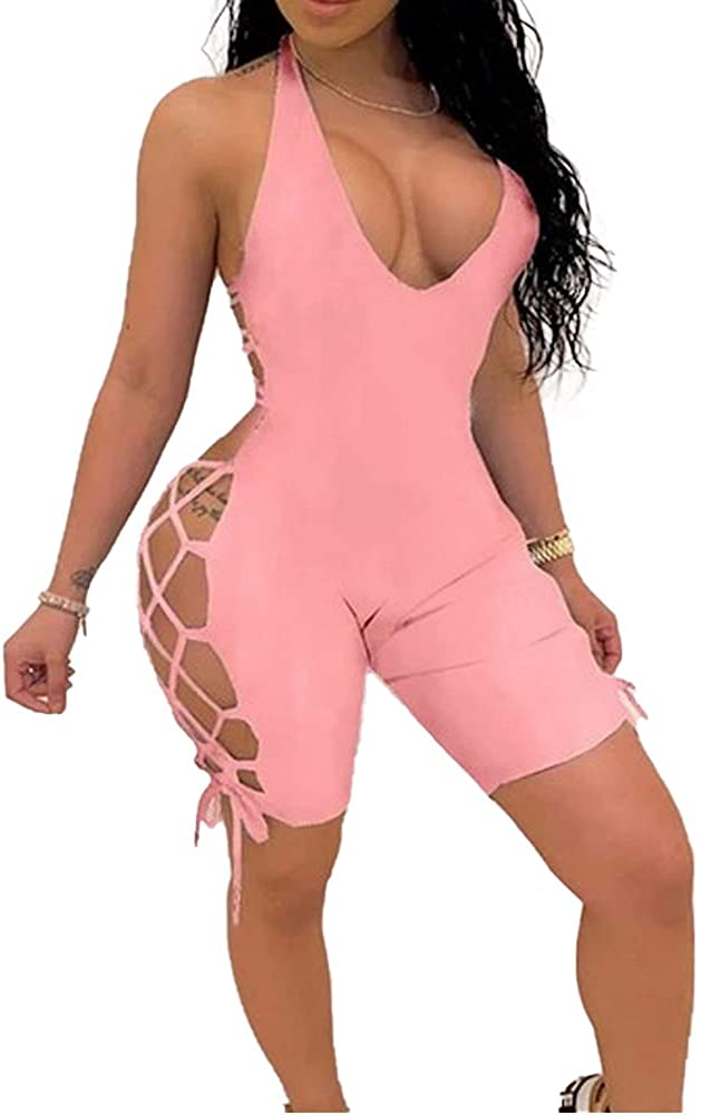 Price:$9.99 Women Hollow Out Halter Neck Bodycon Yoga Jumpsuit Shorts Onesie Sexy Backless Bandage Lace up Bodysuit Pink : Clothing, Shoes & Jewelry