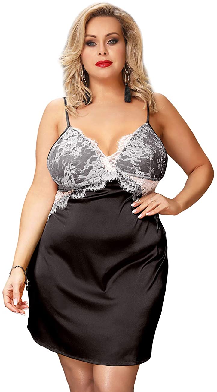 Price:$9.99 Women's Satin Babydoll Lingerie V Neck Lace Sleepwear Strap Chemise Nightwear M-5XL at Amazon Women’s Clothing store
