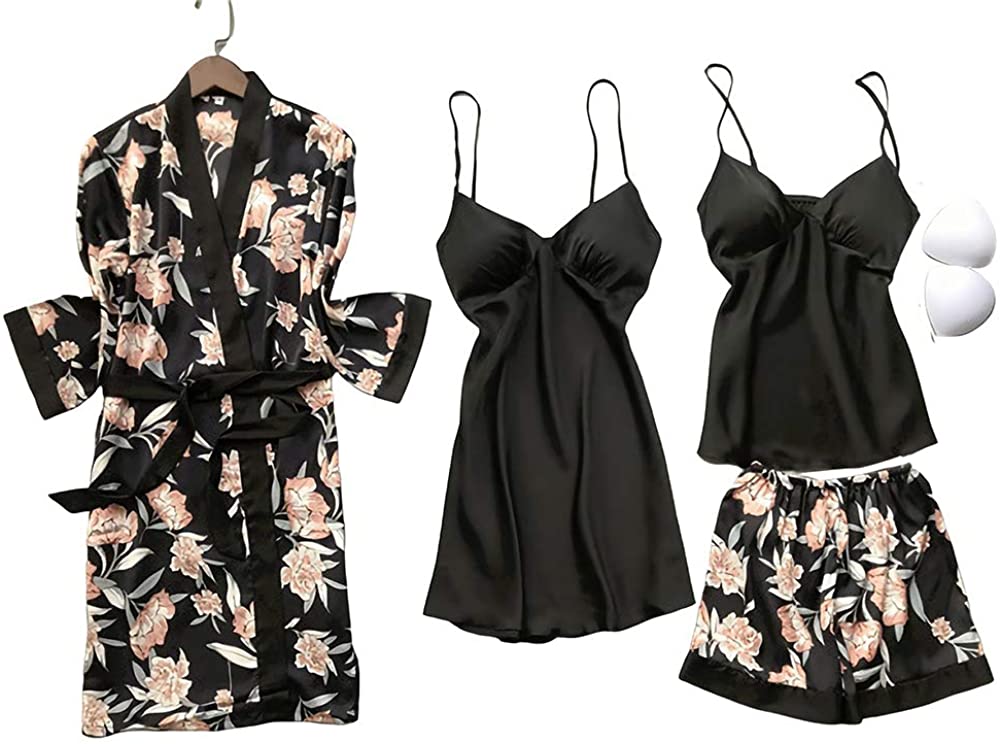 Price:$20.99 Women's Pajama Sets Silk Satin Cami Top V-Neck Nightgown Long Sleeve Sleepwear Robe Gown Sets 4pcs Sexy Nightdress: Clothing, Shoes & Jewelry