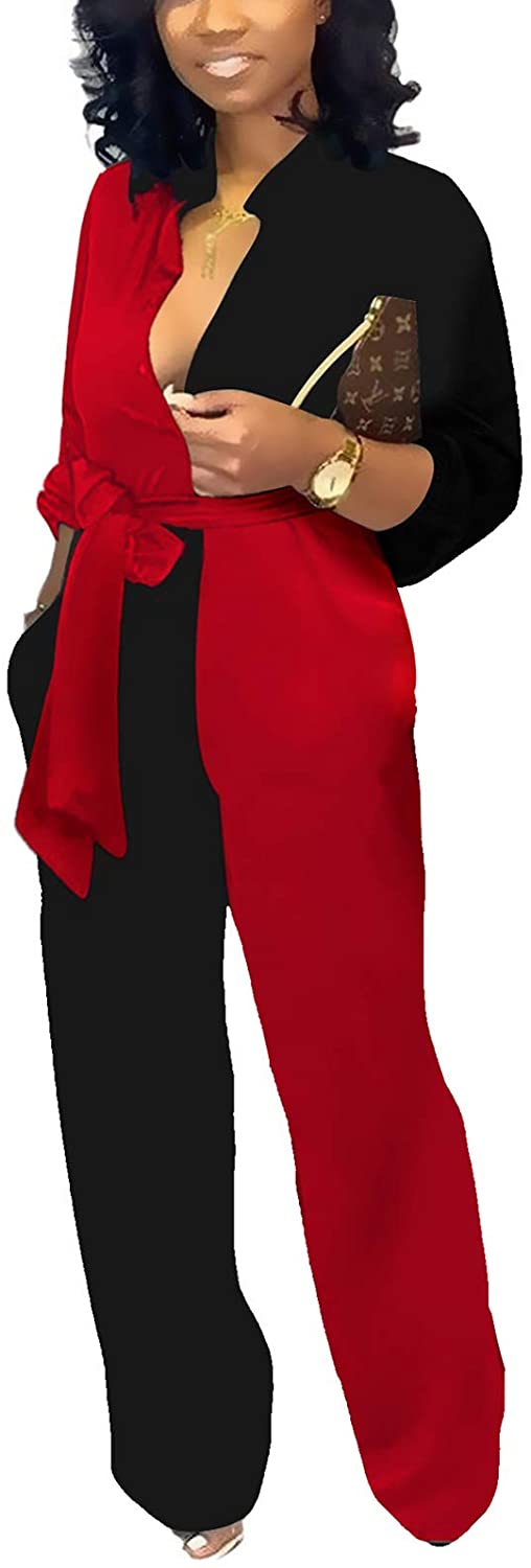 Price:$32.99 Women's Sexy V Neck Jumpsuits Elegant Long Sleeve Button Down Straight Long Pants Business Romper with Pockets Belt : Clothing, Shoes & Jewelry
